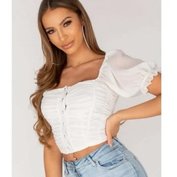 White Short Sleeve Ruched Shirred Crop Top - Picture 10 of 12